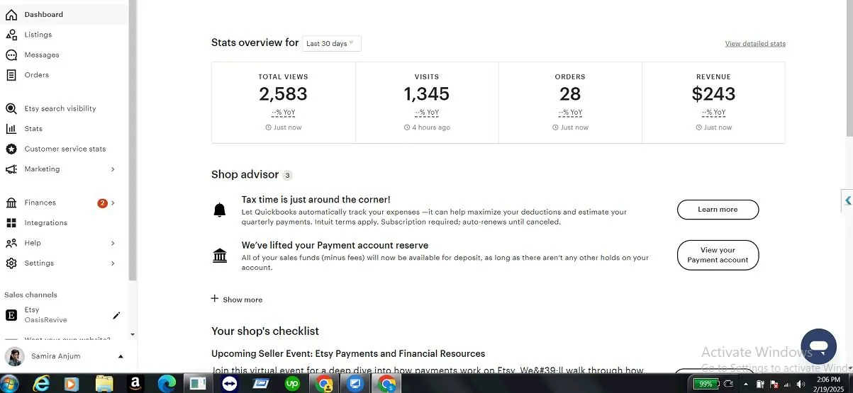 Etsy Shop Manager store result and order dashboard